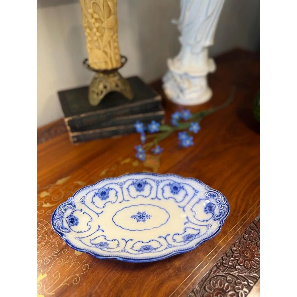 Antique W.H. Grindley Beaufort Flow Blue Dish •‎ Oval Vanity Tray